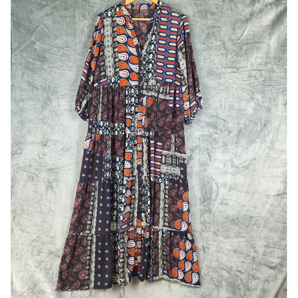 Me 2 Magic Anthropologie Dress 1X Floral Paisley Patchwork Maxi Tiered Boho